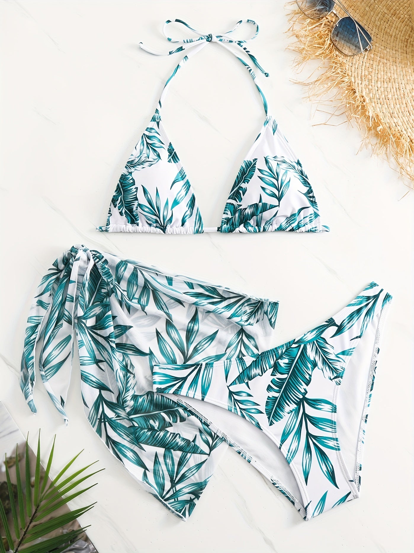 Tropical Leaf Print Tie Back Halter Bikini Set