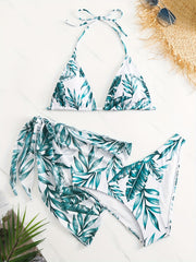 Tropical Leaf Print Tie Back Halter Bikini Set