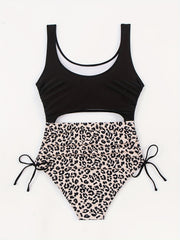 Retro Swimsuit Leopard Print Lace Up One Piece Bathing Suit