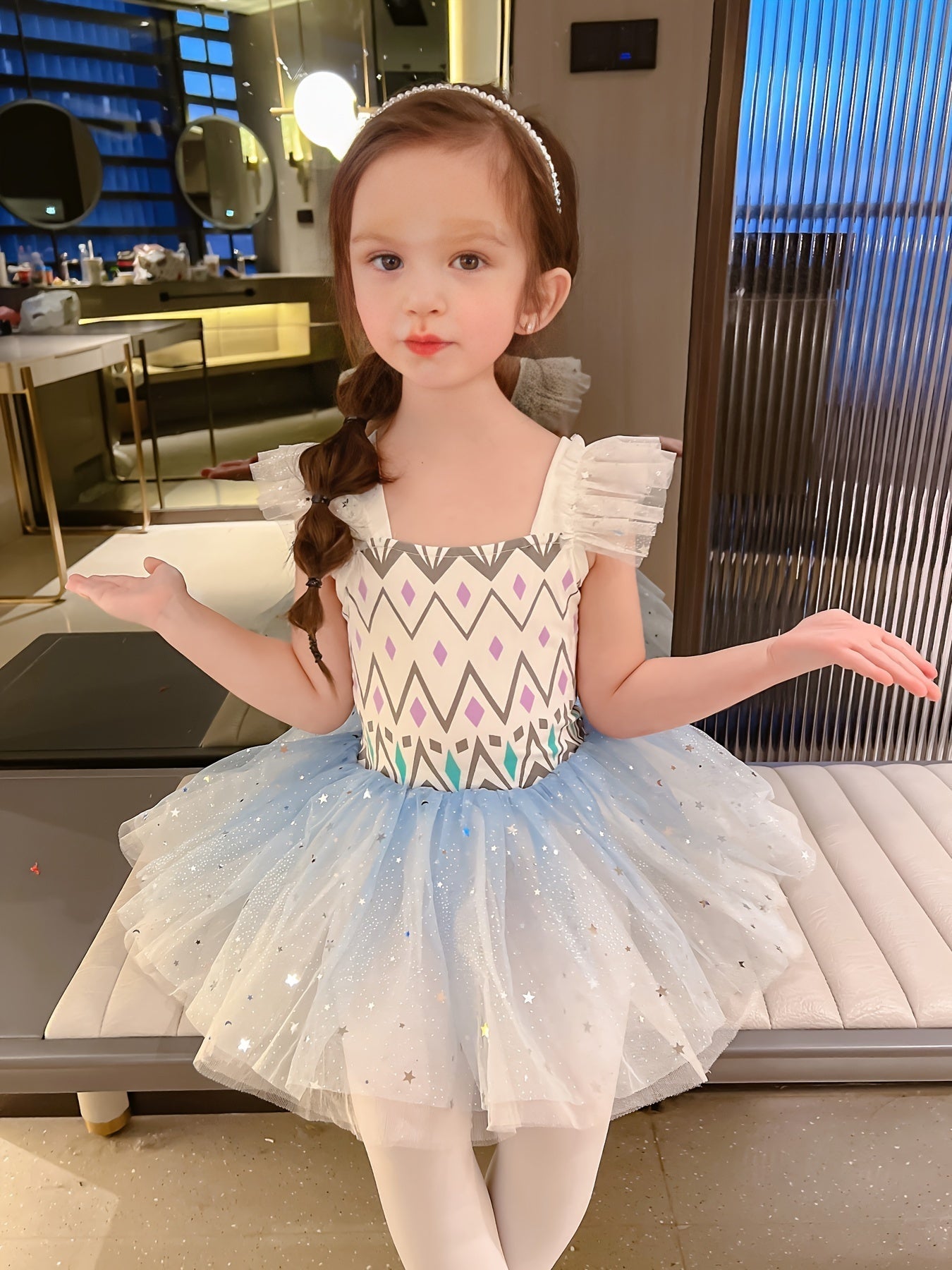 Sequin Flutter Trim Ballet Leotard Tutu Dress for Girls Dance Performance