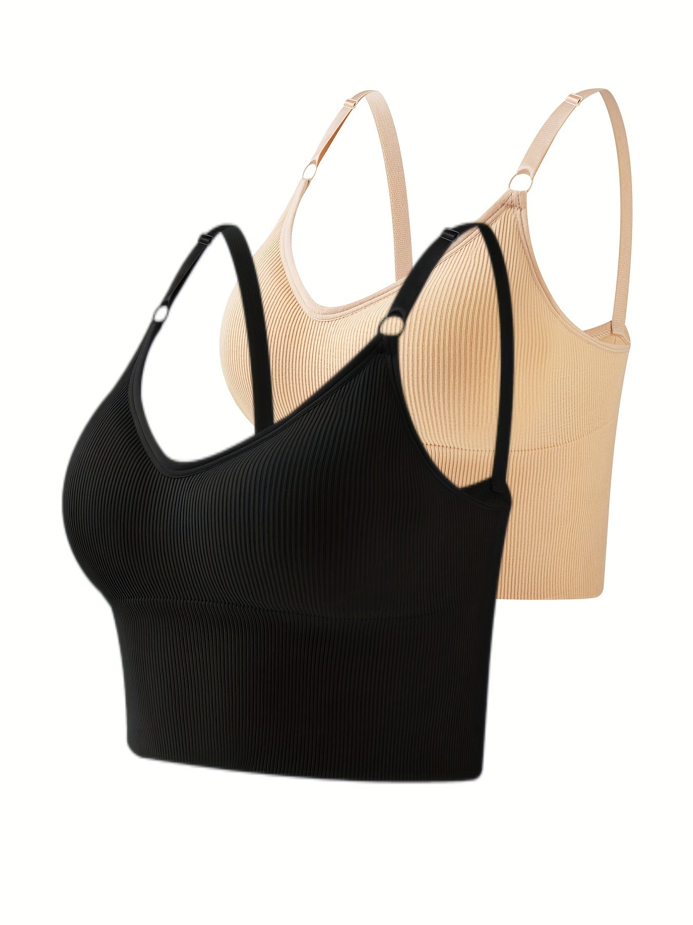 2pcs Solid Ribbed Wireless Bras Comfy & Breathable Yoga Sports Bra