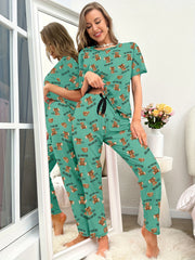 Bear Print Pajama Set Short Sleeve Crew Neck Top & Pants