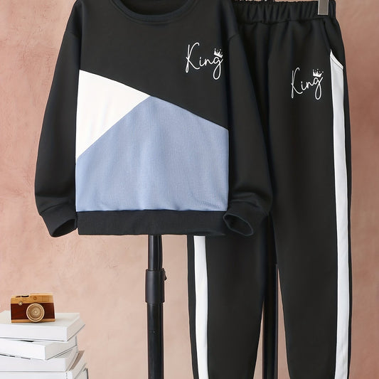 Boy's KING Print Outfit 2pcs Sweatshirt & Sweatpants Set Crown Pattern