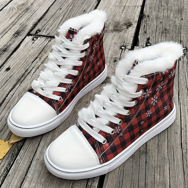 Christmas Plaid Plush Lined Flat Snow Shoes Keep Warm Canvas Sneakers