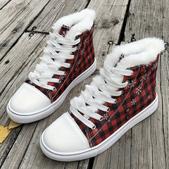 Christmas Plaid Plush Lined Flat Snow Shoes Keep Warm Canvas Sneakers