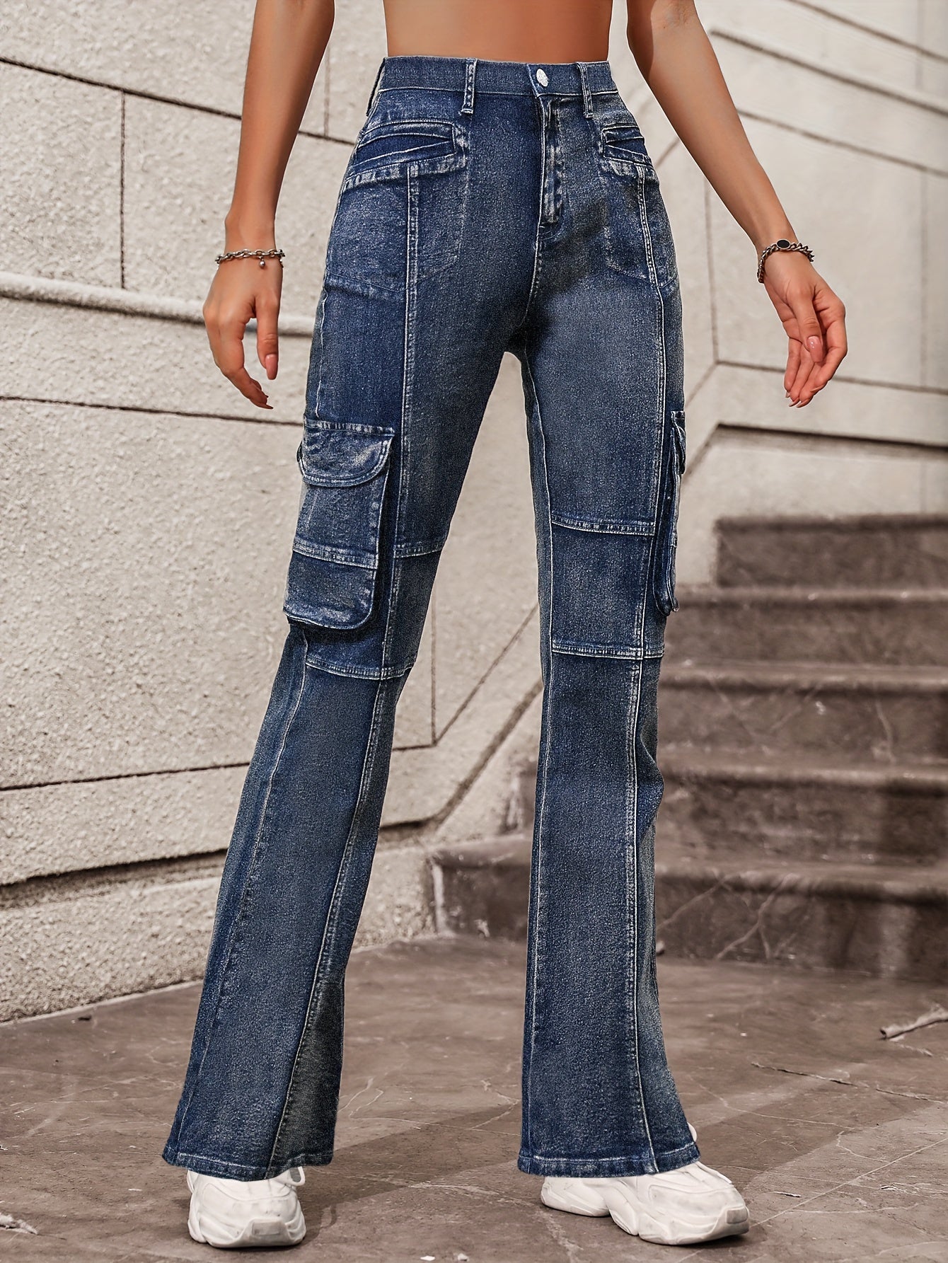 Flap Pockets Cargo Pants High Waist High Stretch Y2K Style Pintuck Jeans