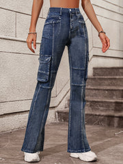 Flap Pockets Cargo Pants High Waist High Stretch Y2K Style Pintuck Jeans