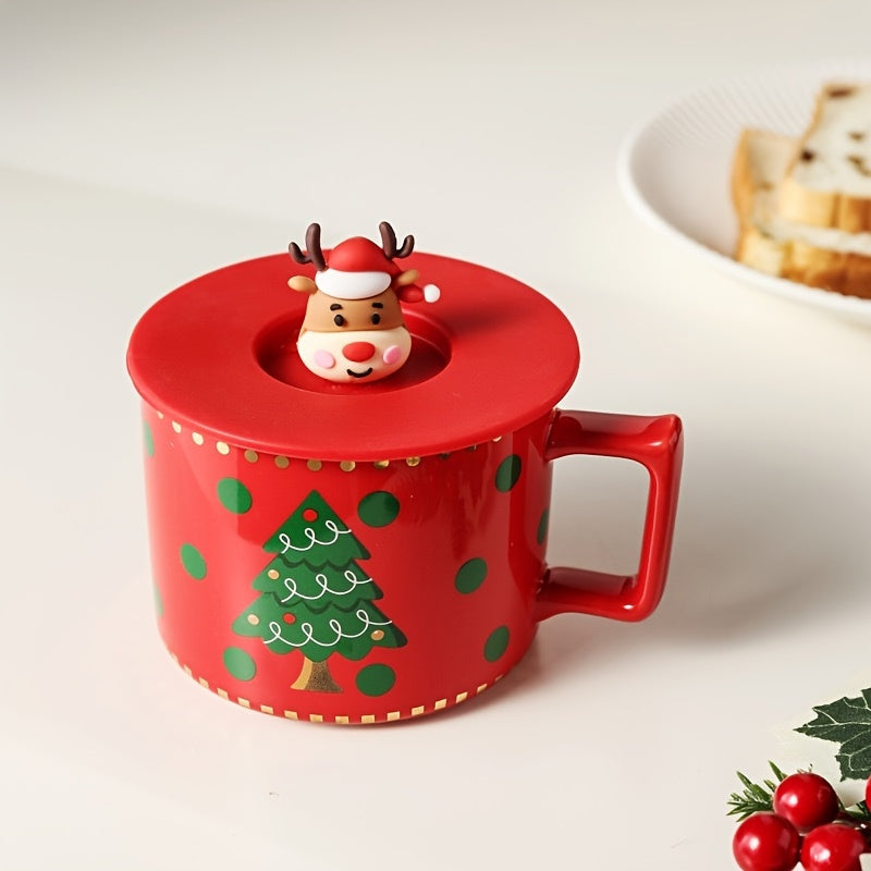 338ml Christmas Ceramic Mug with Lid, Coffee Cup for Camping & Travel