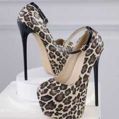Leopard Print Stiletto Heels Buckle Strap Platform Pumps High Heels