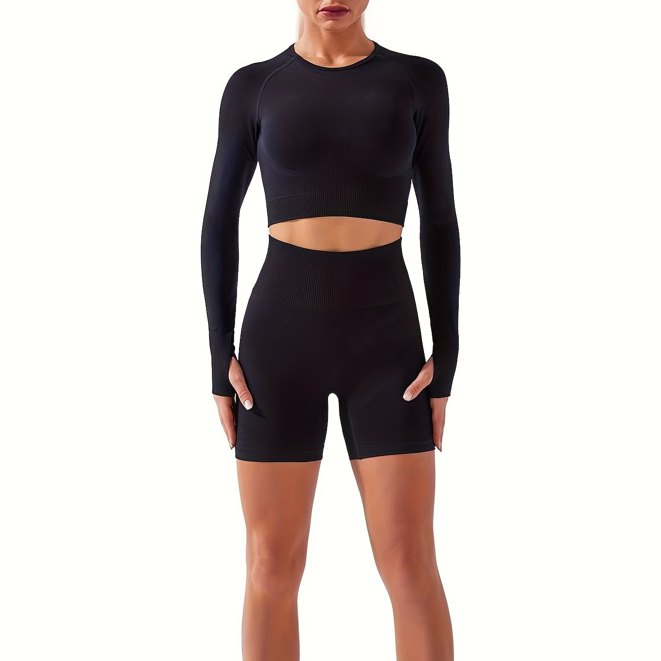 Yoga Workout Set Long Sleeve Top & High Waist Shorts Women's Activewear