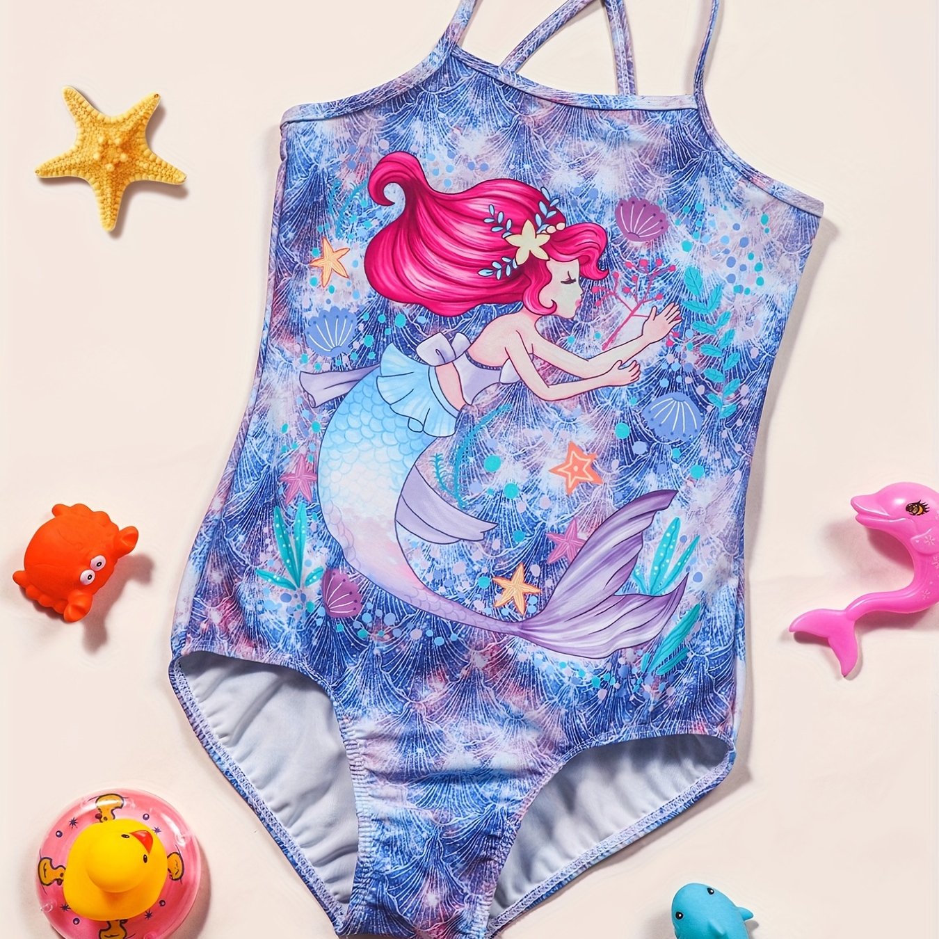 Girl's Mermaid Print Onesie Swimsuit Fish Scale Tie dye Print