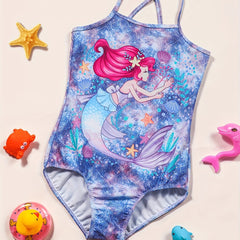 Girl's Mermaid Print Onesie Swimsuit Fish Scale Tie dye Print