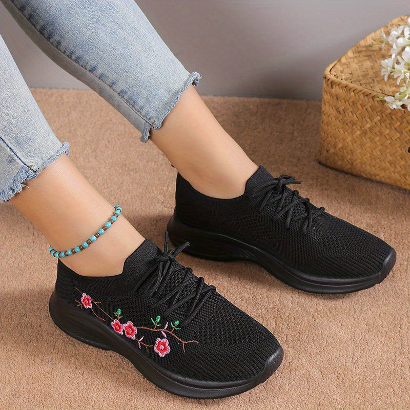 Women's Floral Embroidered Sock Sneakers Lace Up Low Top Sports Shoes