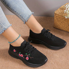 Women's Floral Embroidered Sock Sneakers Lace Up Low Top Sports Shoes