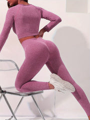 2pcs Yoga Sports Set Long Sleeves Crop Tops & High Waist Leggings
