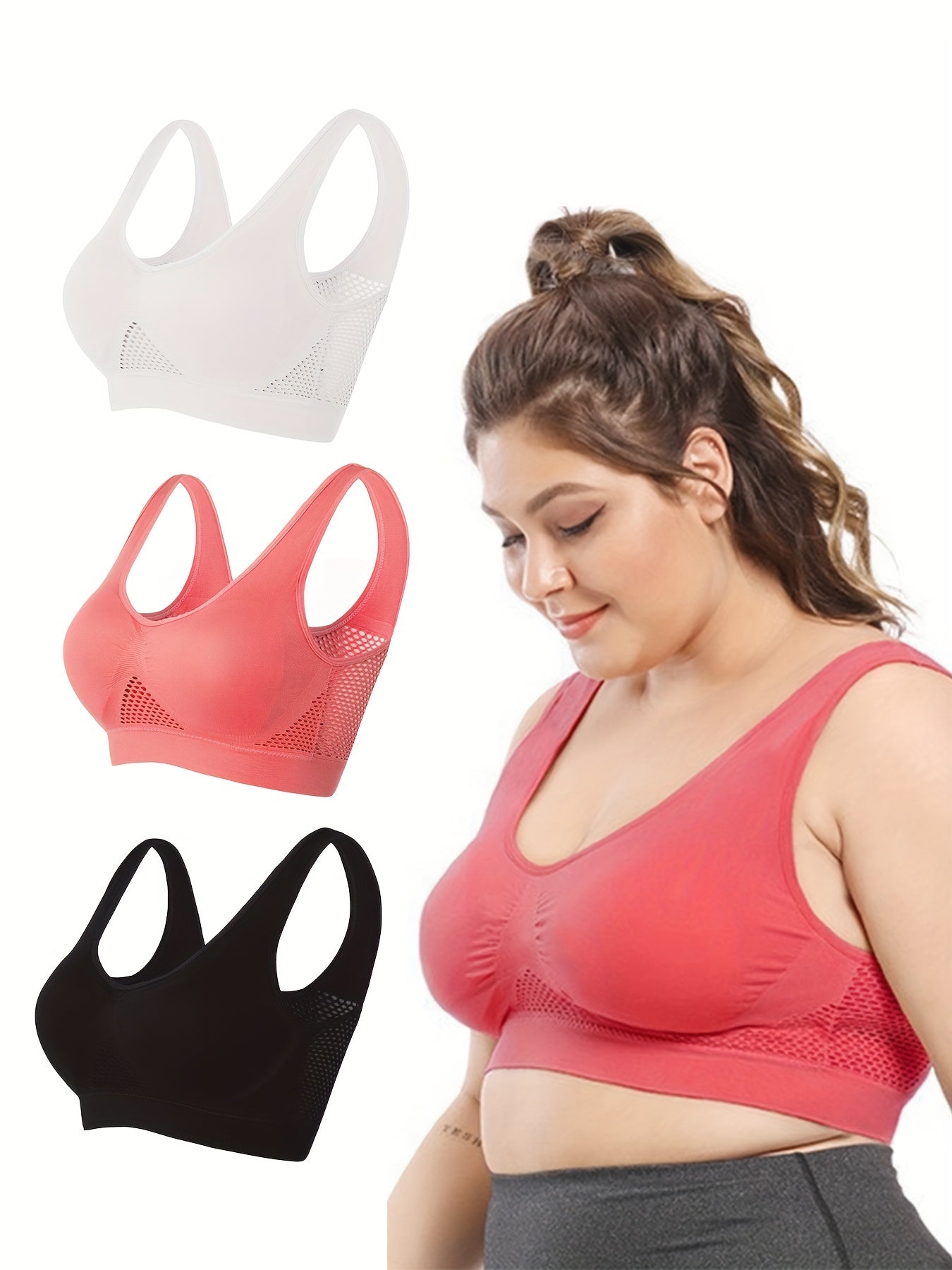 3 Pack Plus Size Sports Bra Set Seamless Hollow Mesh Yoga Bra 3pcs Set