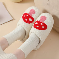 Women's Mushroom Print Fuzzy Slippers Closed Toe Warm Plush Shoes