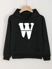 Girls W Letter Print Hoodies Comfy Hooded Pullover With Pocket