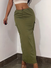 Y2K Cargo Skirt Drawstring Flap Pockets Split Skirt