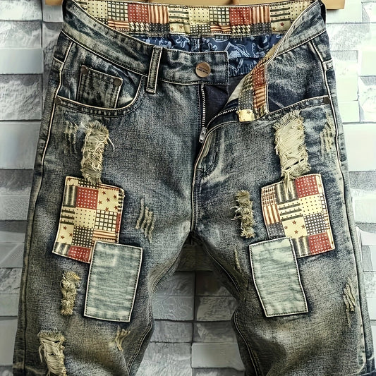 Vintage Patchwork Ripped Denim Shorts Men's Slim Fit Straight Leg Shorts