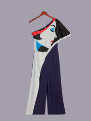 Abstract Print One Shoulder Wide Leg Jumpsuit
