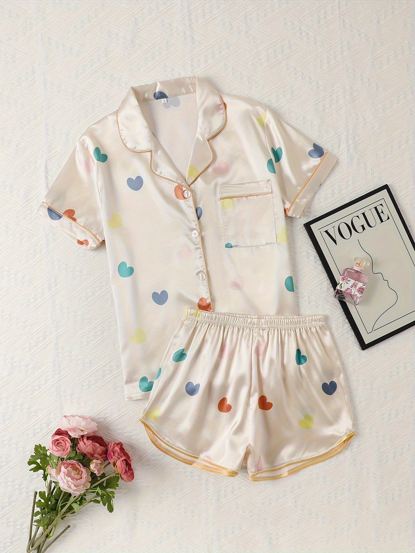 Heart Print Pajama Set Short Sleeve Top & Shorts Women