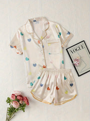 Heart Print Pajama Set Short Sleeve Top & Shorts Women