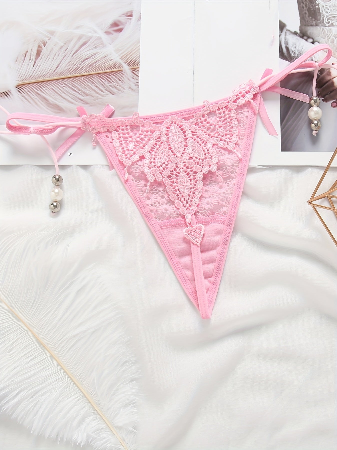 Sexy Jacquard Mesh Strappy Thongs with Pendant Decor