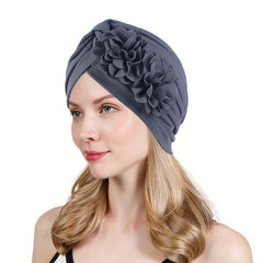 Double Flower Ruffles Turban Cap Solid Pleated Bonnet Head Wrap