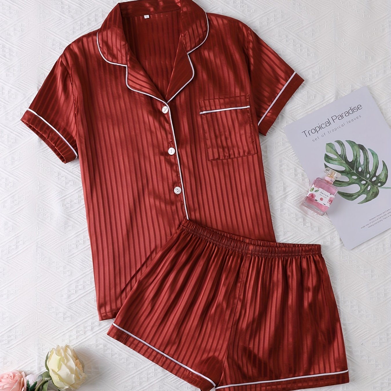 Striped Satin Pajamas Set Short Sleeve Buttons Top & Shorts