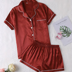 Striped Satin Pajamas Set Short Sleeve Buttons Top & Shorts