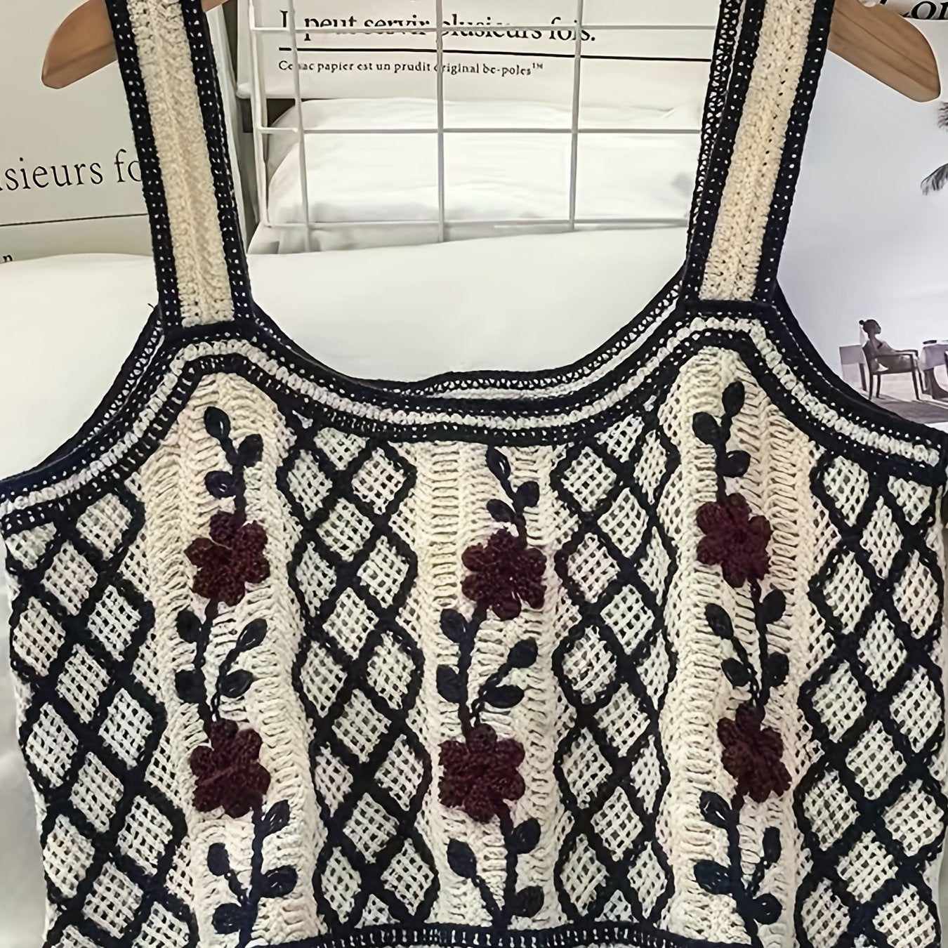 Flower Embroidered Crop Tank Top Casual Beach Wear Contrast Trim Tank Top