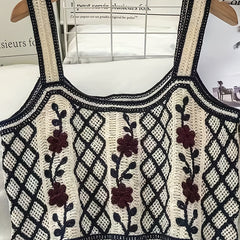 Flower Embroidered Crop Tank Top Casual Beach Wear Contrast Trim Tank Top