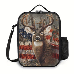 American Flag Deer Lunch Box with Water Bottle Holder