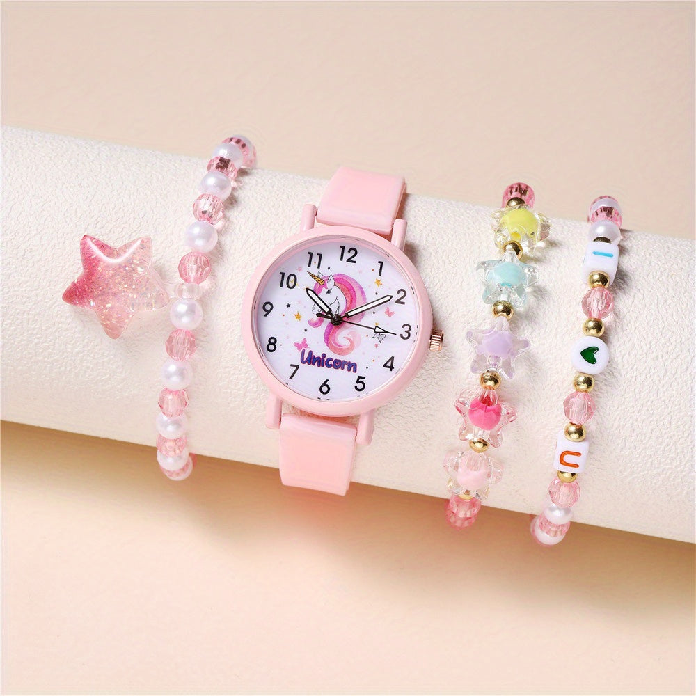 Pink Unicorn Watch And 3pcs Bracelet Set - DIY Random Design