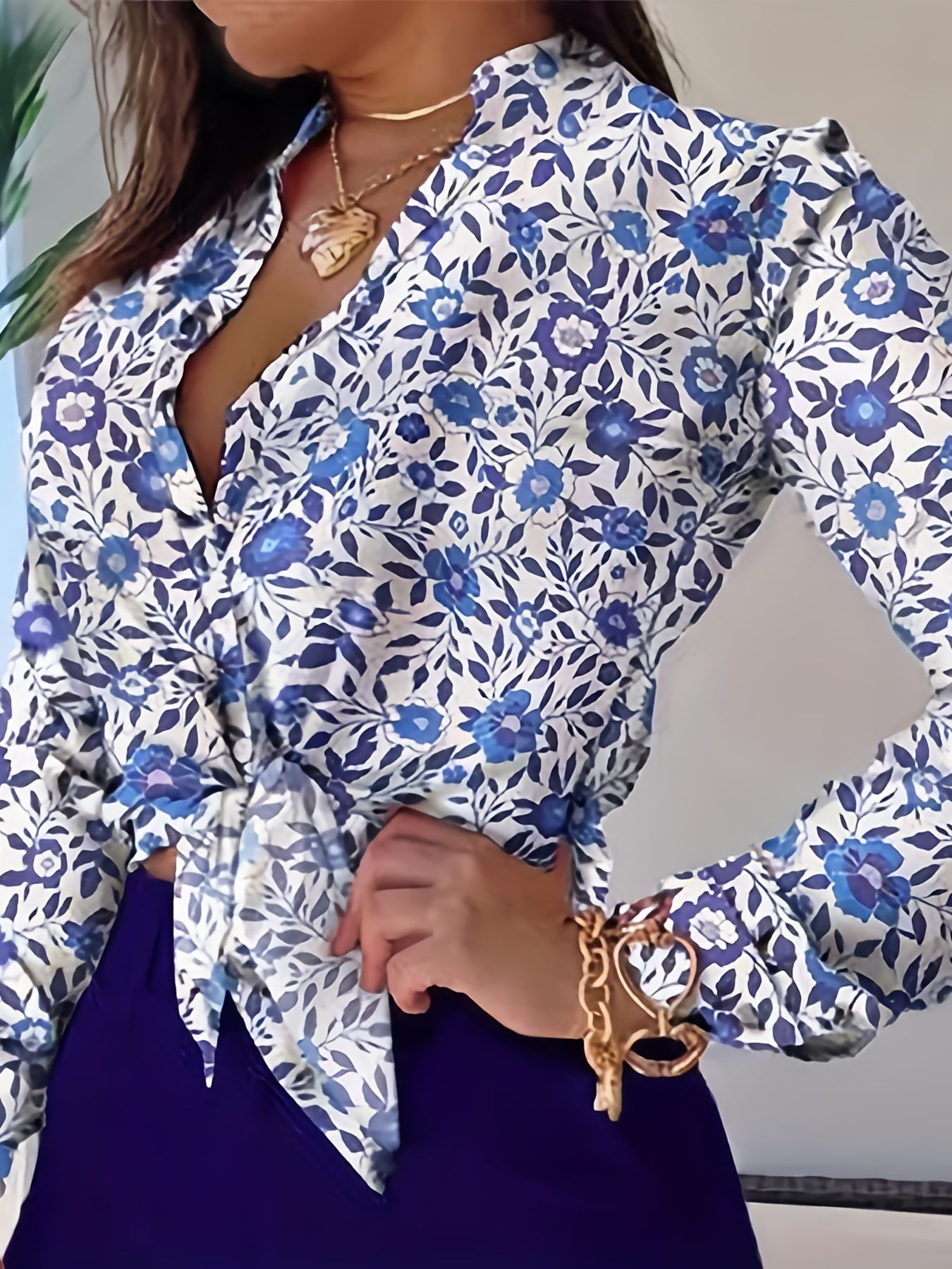 Floral Print Casual Button Front Blouse Long Sleeve