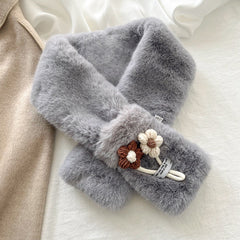 Flower Pendant Faux Rabbit Fur Plush Winter Scarf