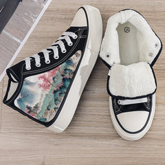 Chinese Landscape Print Plush Lined Thermal Canvas Sneakers