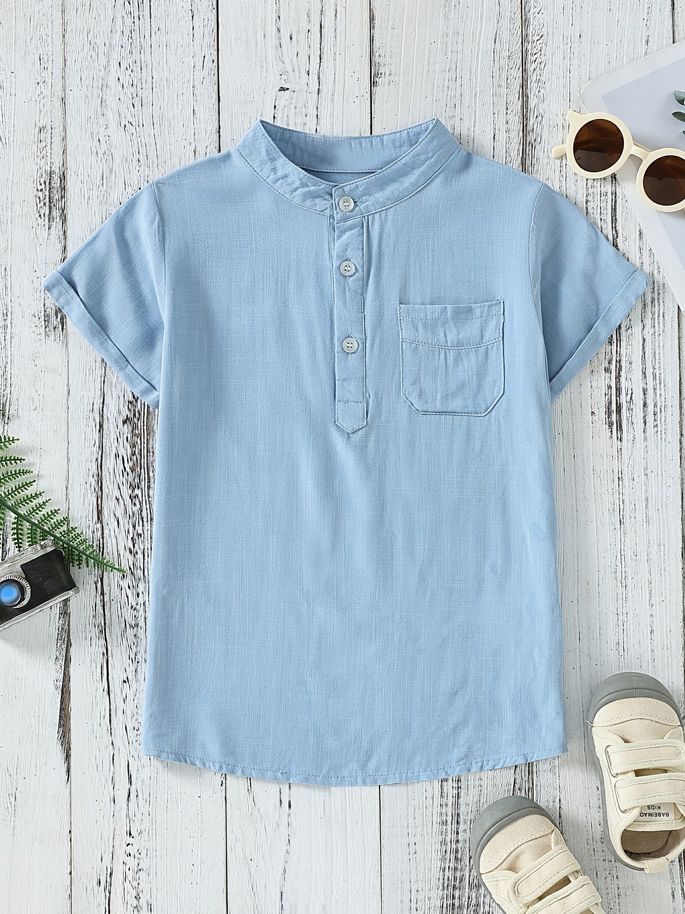 Boys Short Sleeve Stand Collar Shirt