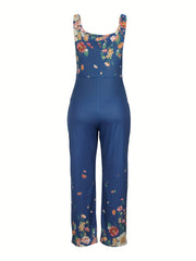 Floral Print Dual Pockets Overall Jumpsuit Casual Wide Leg Jumpsuit