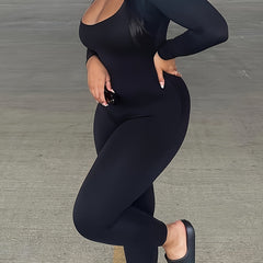 Solid Round Neck Yoga Jumpsuit Long Sleeve Sports Bodyduit