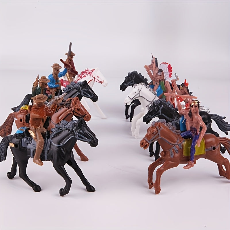 4pcs Western Cowboy and Tribal Figures Set Action Poses Rider Statues Horseback