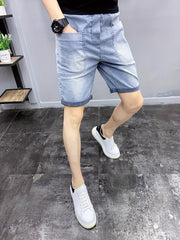 Cuffed Denim Shorts Men's Street Style Stretch Cotton Blend Shorts