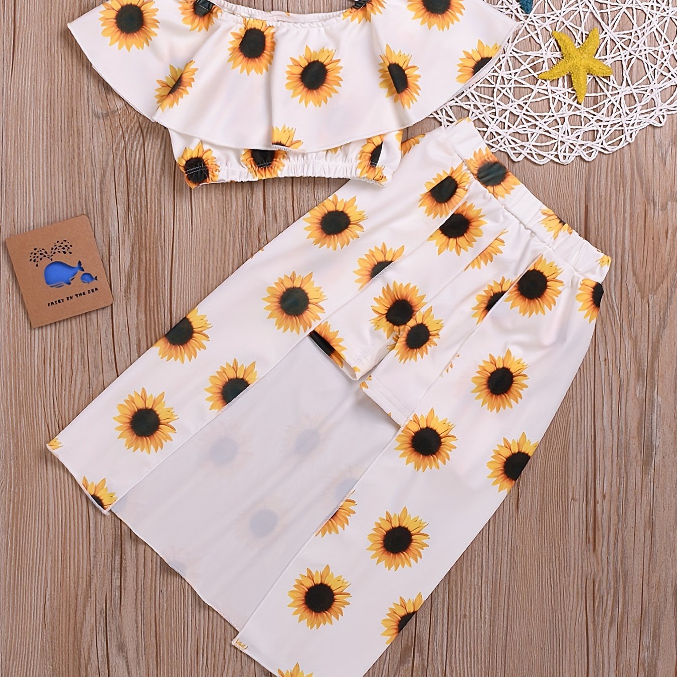 2pcs Toddler Girls Sunflower Suit Ruffle Crop Top & Irregular Skirt Set