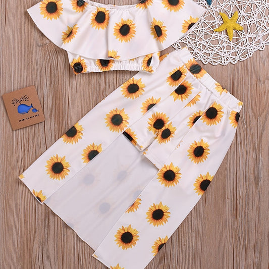 2pcs Toddler Girls Sunflower Suit Ruffle Crop Top & Irregular Skirt Set