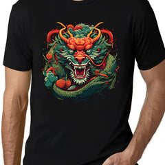 Men's Dragon Pattern Sports T-shirt Round Neck Tee