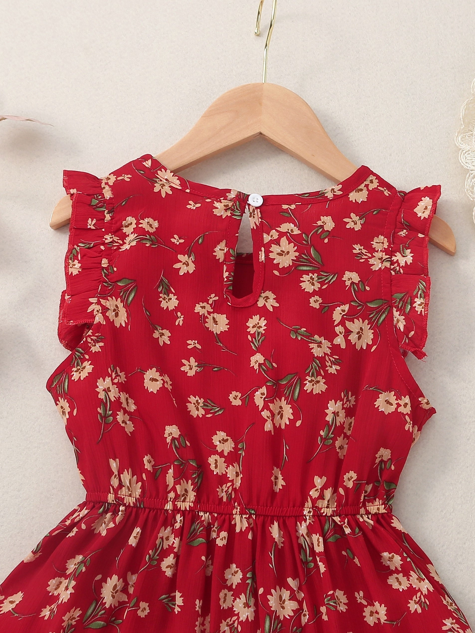 Girls Sweet Floral Ruffled Dress Sleeveless Ditsy Dress