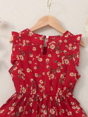 Girls Sweet Floral Ruffled Dress Sleeveless Ditsy Dress