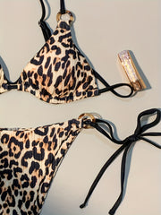 Leopard Print Triangle Bikini Sets Tie Back Backless Ring Linked Tie
