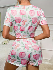 Peach Print Pajamas Set Short Sleeve Tee & Bow Tie Shorts Pj Set